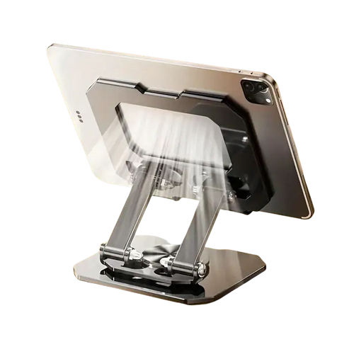 Adjustable black metal tablet stand holding a silver ipad for 360 rotating adjustable tablet stand silver metal product
