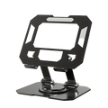 Black adjustable tablet stand with 360 rotation silver metal featuring sleek minimalist design and metallic accents