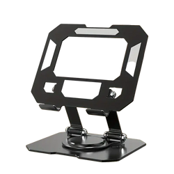 Black adjustable tablet stand with 360 rotation silver metal featuring sleek minimalist design and metallic accents
