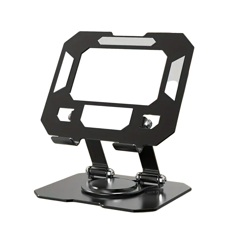 Black adjustable tablet stand with 360 rotation silver metal featuring sleek minimalist design and metallic accents