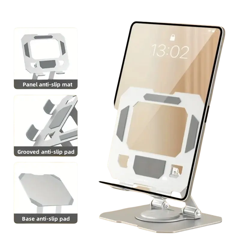 Silver metal 360 rotating adjustable tablet stand with sleek angular design and anti-slip pads for secure support