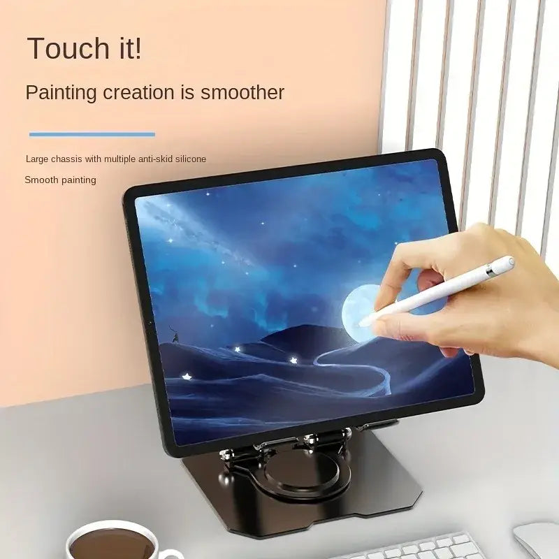 White stylus pen used with a silver metal 360 rotating adjustable tablet stand supporting a tablet device