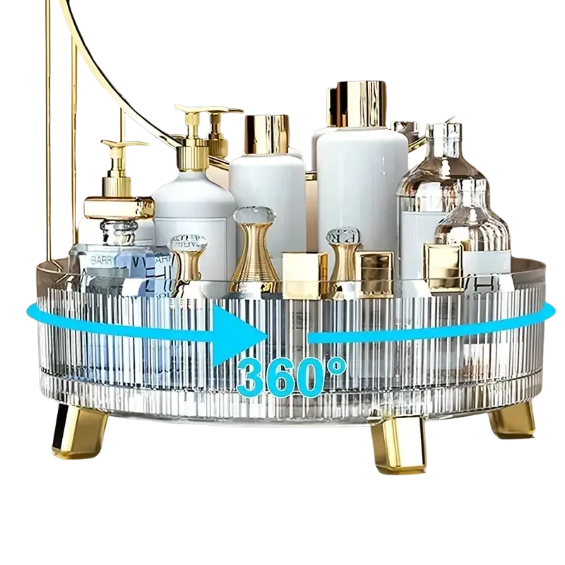 Clear acrylic makeup organizer vanity tray with gold-tone legs and 360-degree rotating ridged design