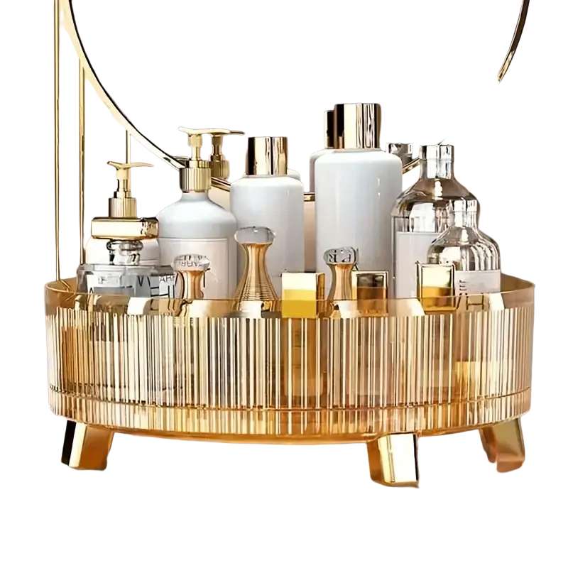 Gold-toned ribbed acrylic vanity tray with four legs for 360 rotating makeup organizer and round storage tray