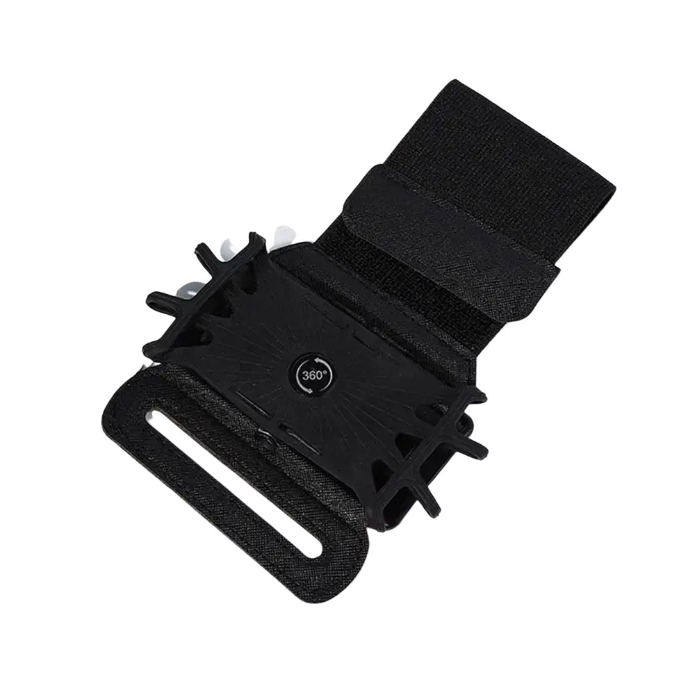 Black adjustable running phone armband with 360-degree rotating mount for secure device attachment