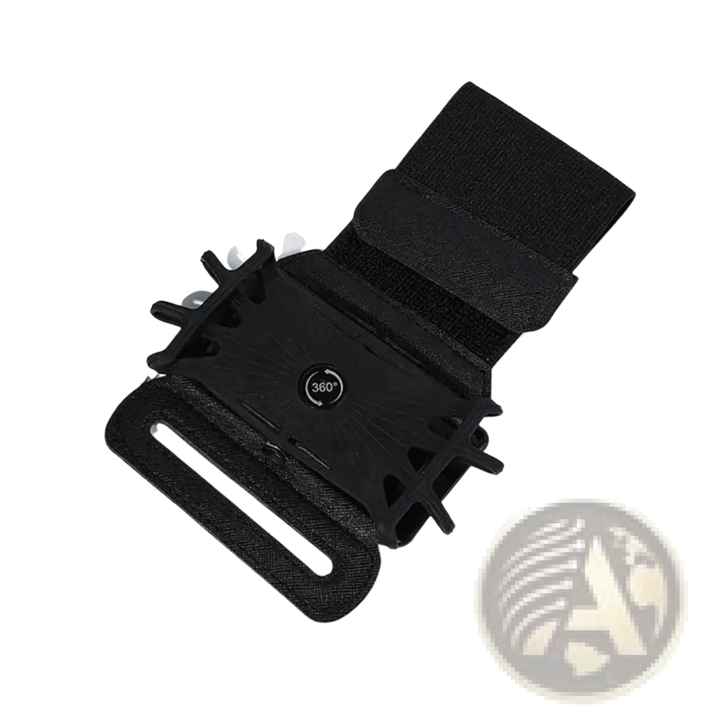 Black adjustable running phone armband with 360-degree rotating mount for secure device attachment