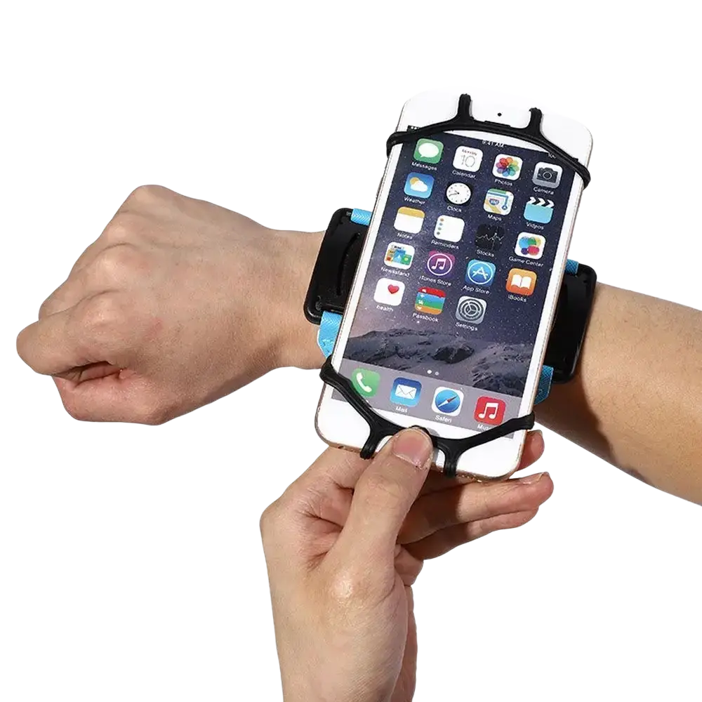 Black and light blue 360 rotating running phone armband made of adjustable material holding a white smartphone