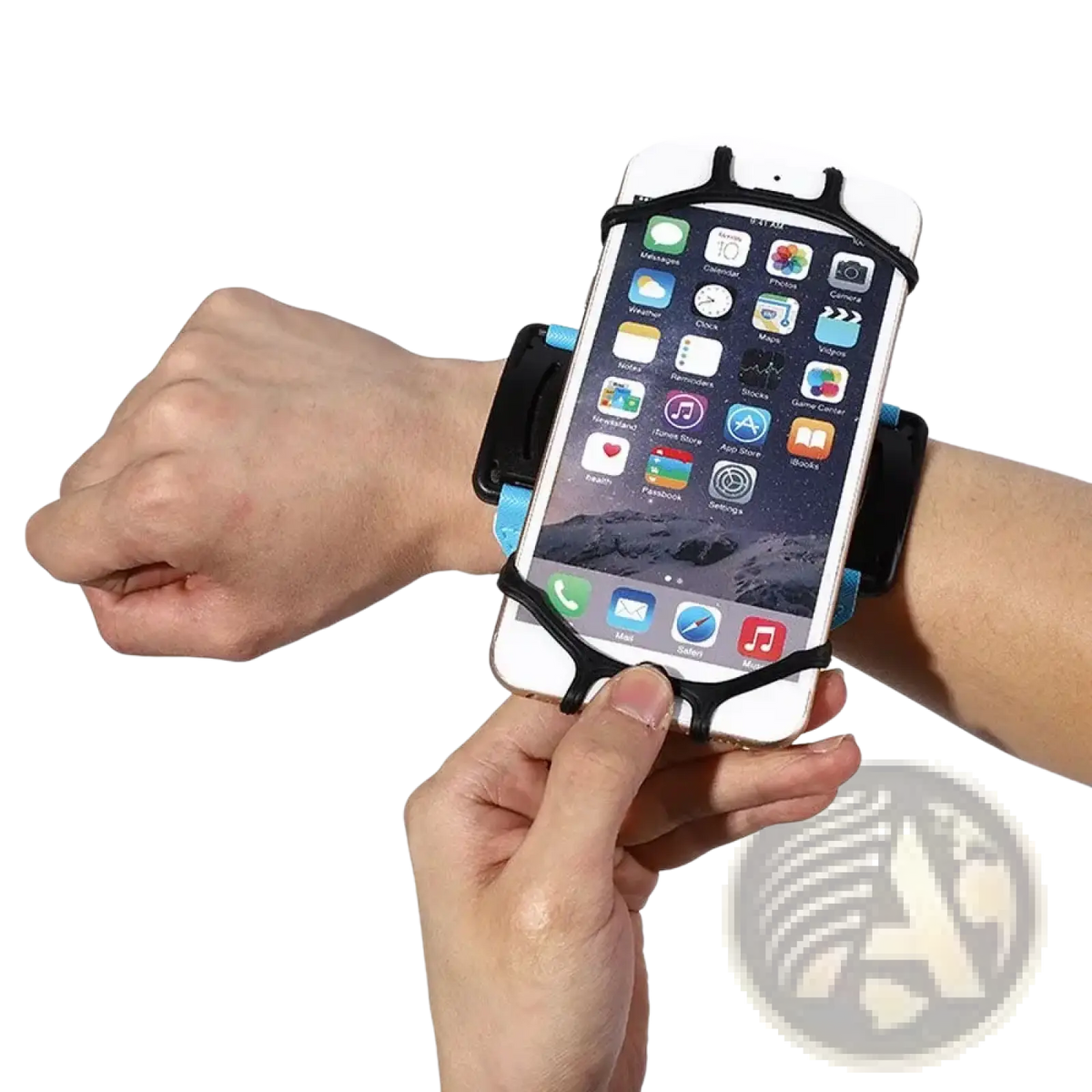 Black and light blue 360 rotating running phone armband made of adjustable material holding a white smartphone