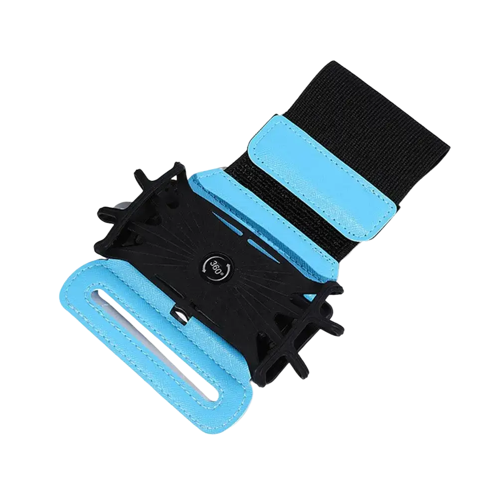 Blue and black sport armband with 360-degree rotating phone holder for running and exercise use