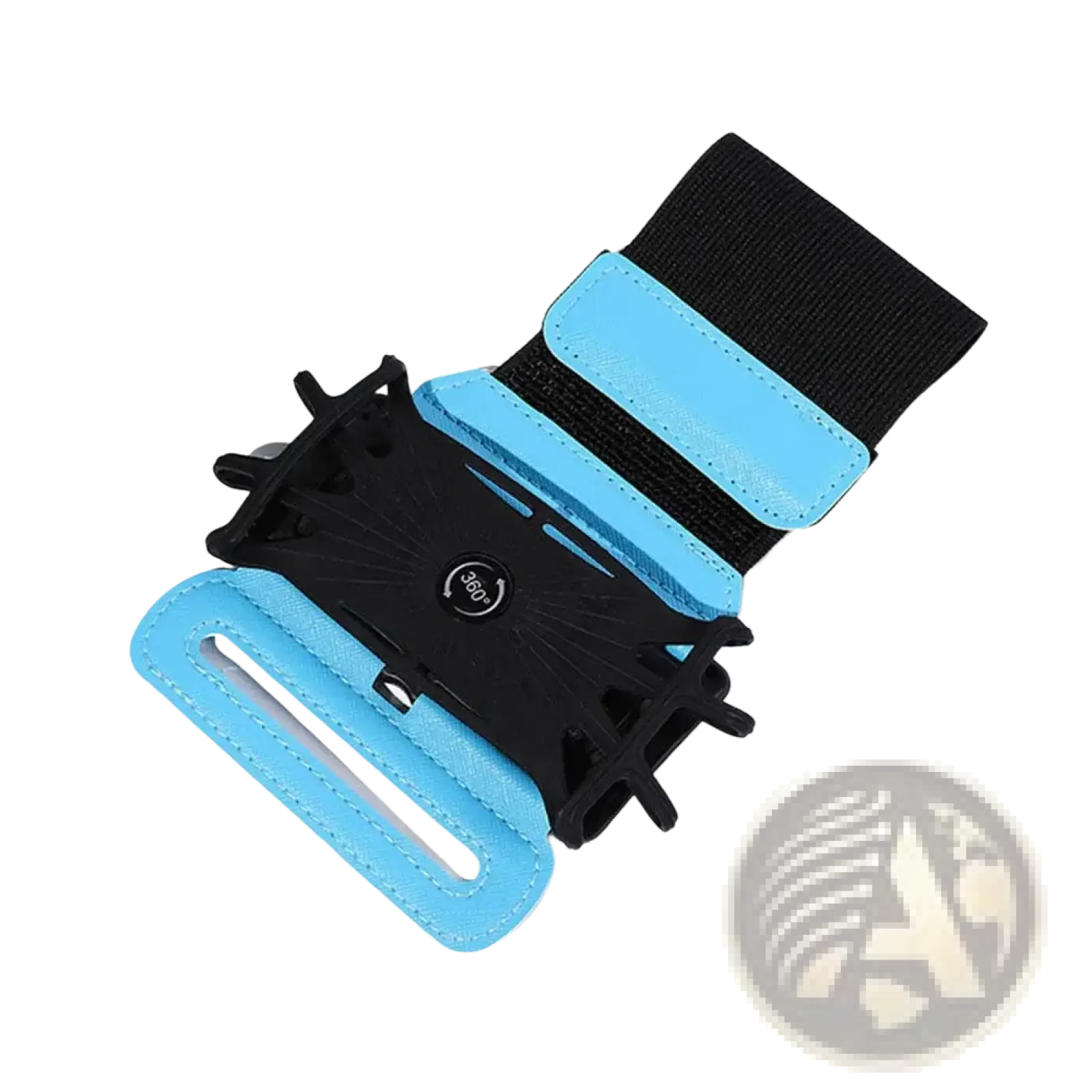 Blue and black sport armband with 360-degree rotating phone holder for running and exercise use