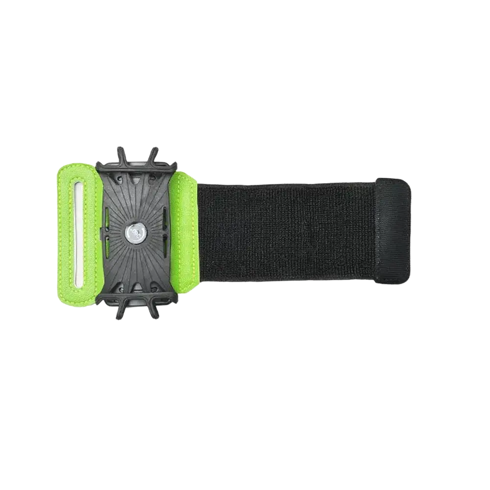 Neon green and black adjustable running phone armband with 360 rotating holder for secure device storage