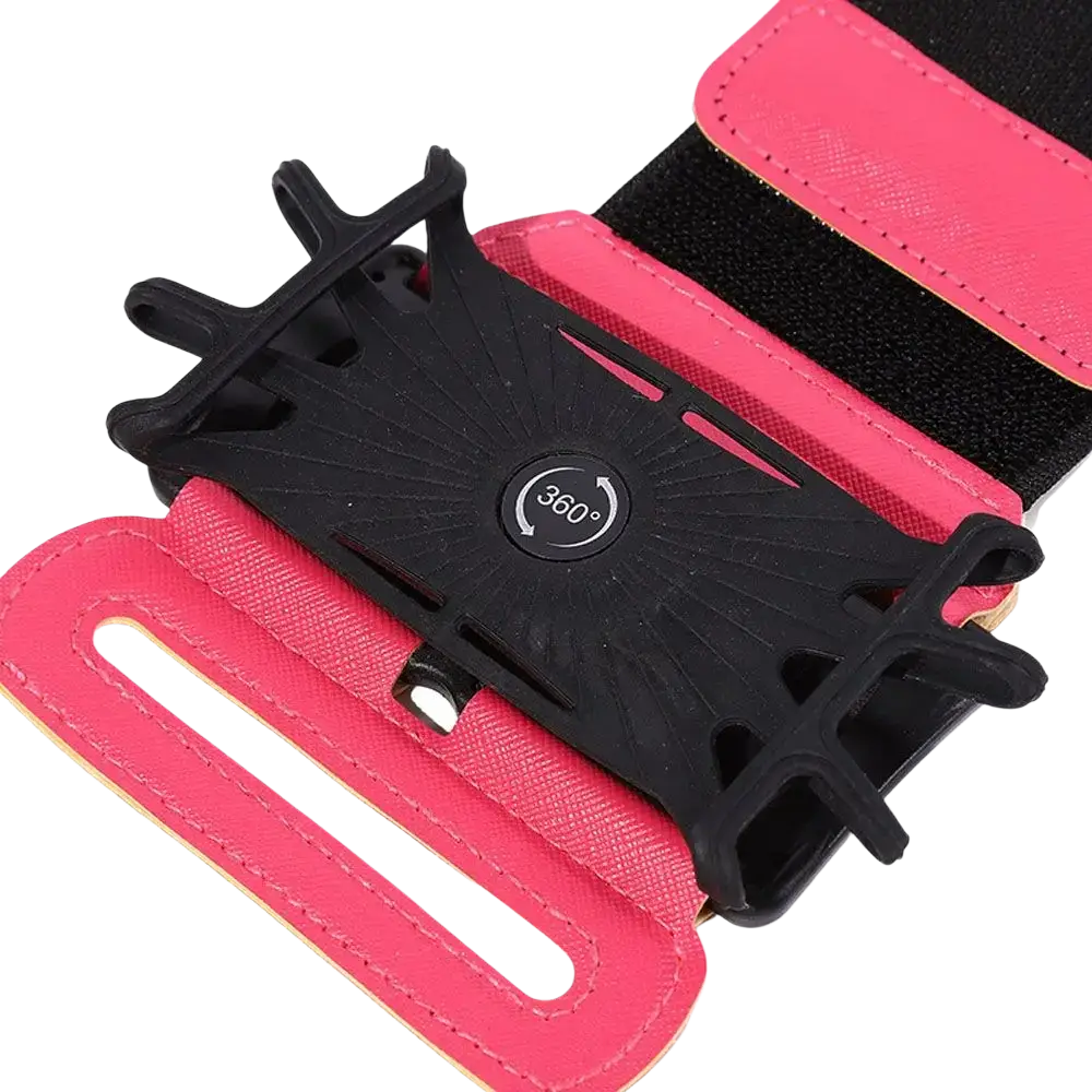 Pink and black 360 rotating running phone armband with adjustable strap and secure phone holder shown from back side