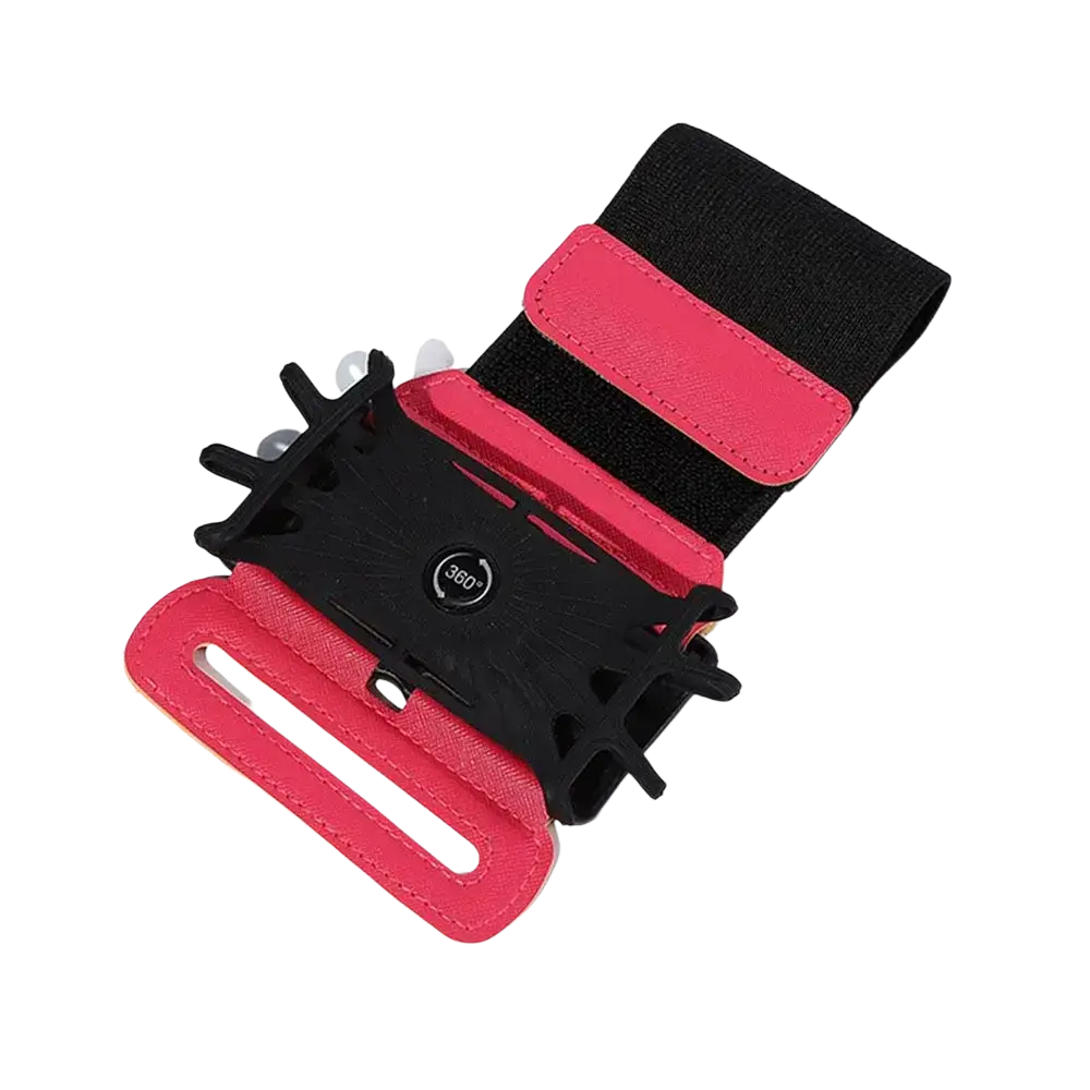 Pink and black athletic running phone armband with 360-degree rotating clamp for secure hands-free use