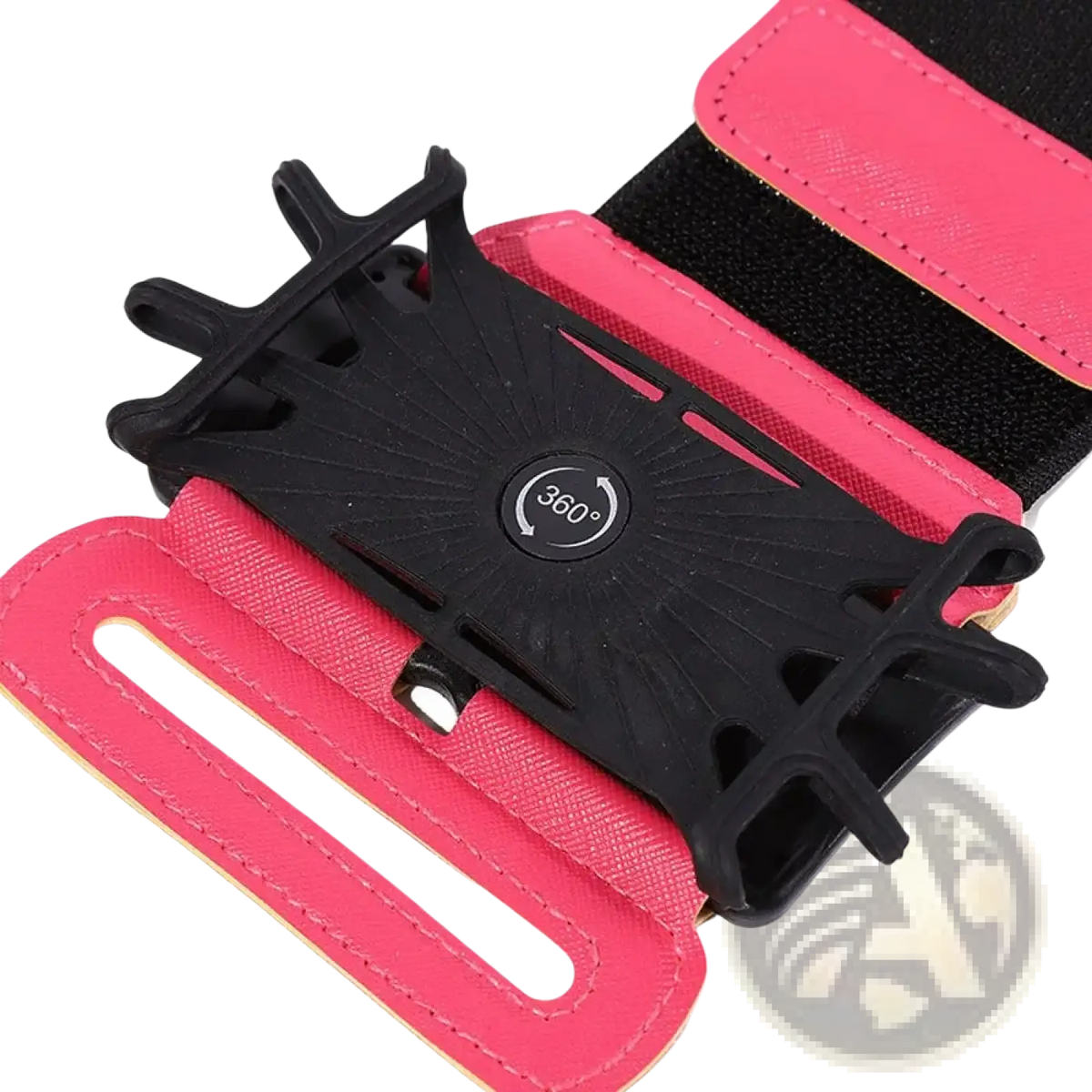 Pink and black 360 rotating running phone armband with adjustable strap and secure phone holder shown from back side