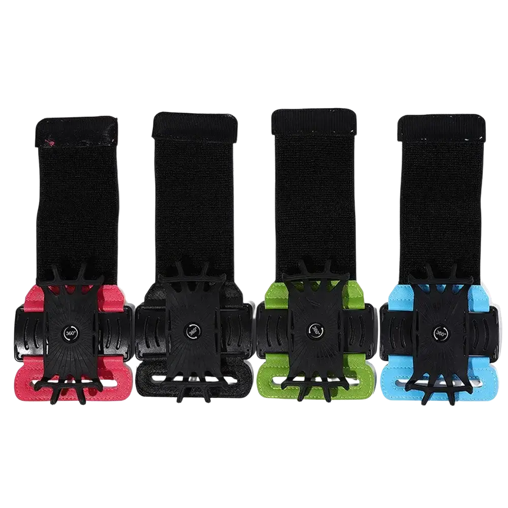 Set of four colorful 360 rotating running phone armbands with black adjustable straps and vibrant silicone grips