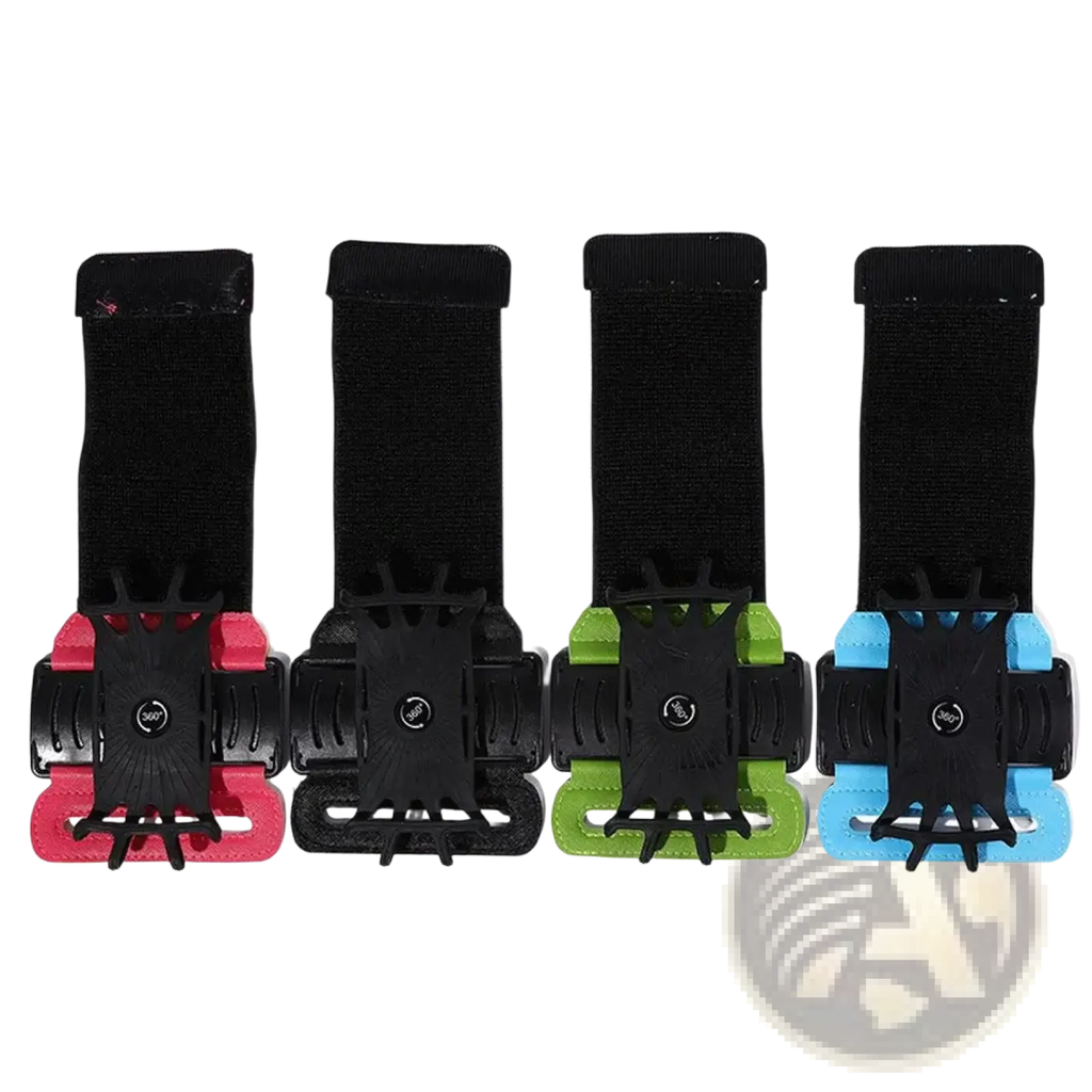 Set of four colorful 360 rotating running phone armbands with black adjustable straps and vibrant silicone grips