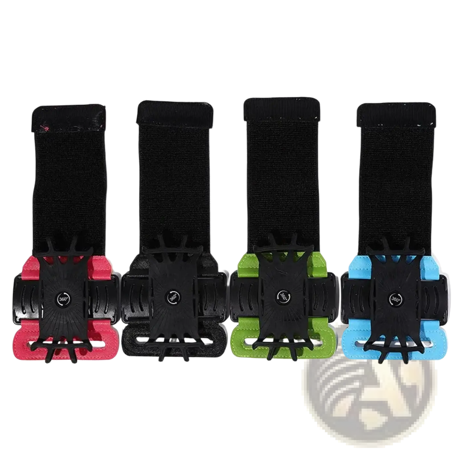 Set of four colorful 360 rotating running phone armbands with black adjustable straps and vibrant silicone grips