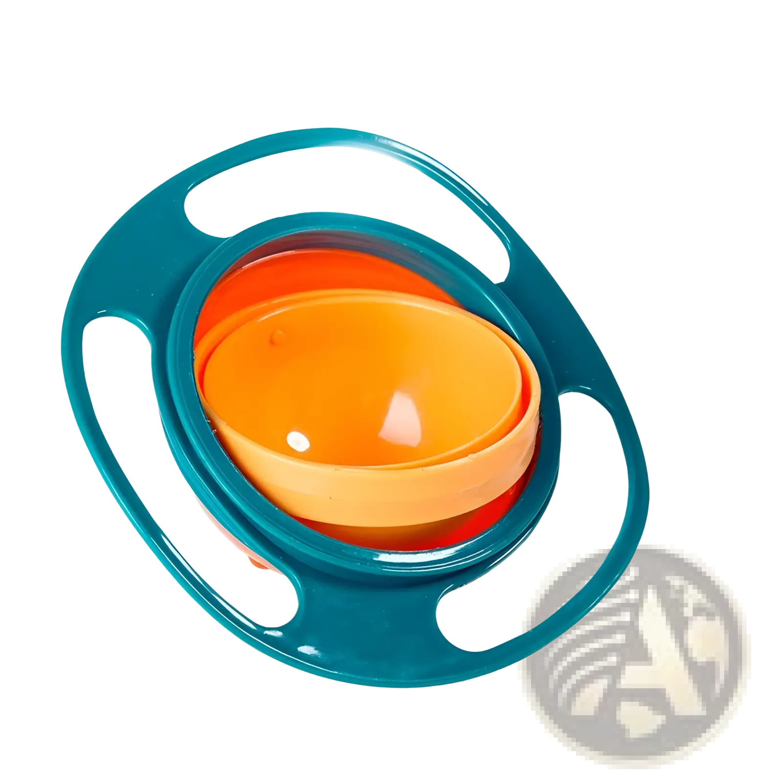 Teal circular 360 rotating universal spill proof baby feeding bowl with bright orange inner bowl and red base