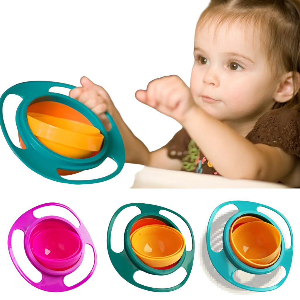 Child holding an orange and teal 360 rotating universal spill proof baby feeding bowl with three other color variants
