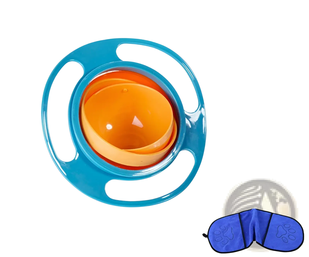 Blue and orange 360 rotating universal spill proof baby feeding bowl with sleek glossy plastic design