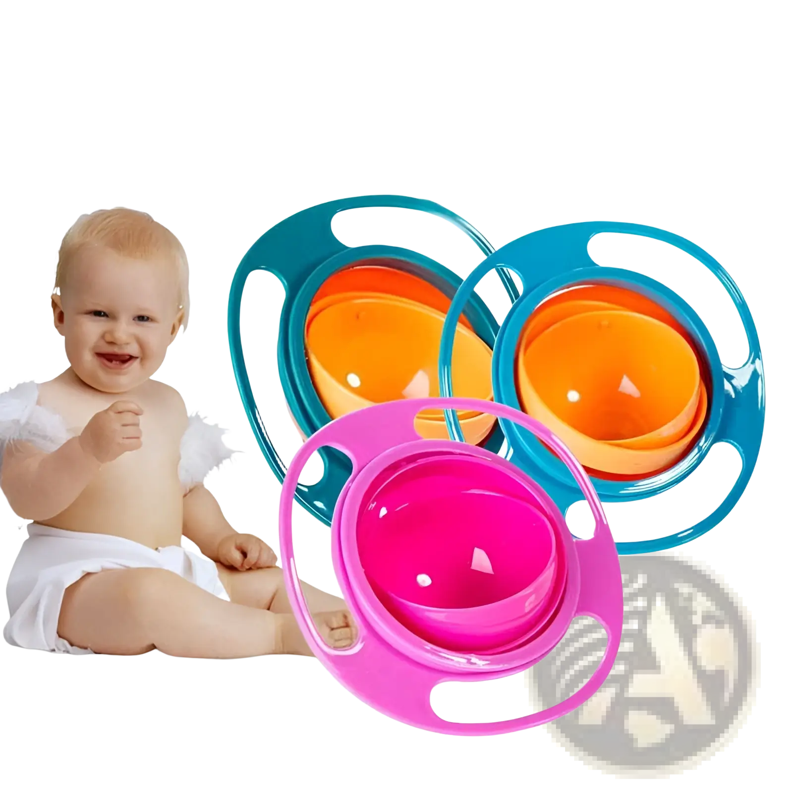 Brightly colored glossy plastic 360 rotating universal spill proof baby feeding bowls in pink and blue with orange interiors
