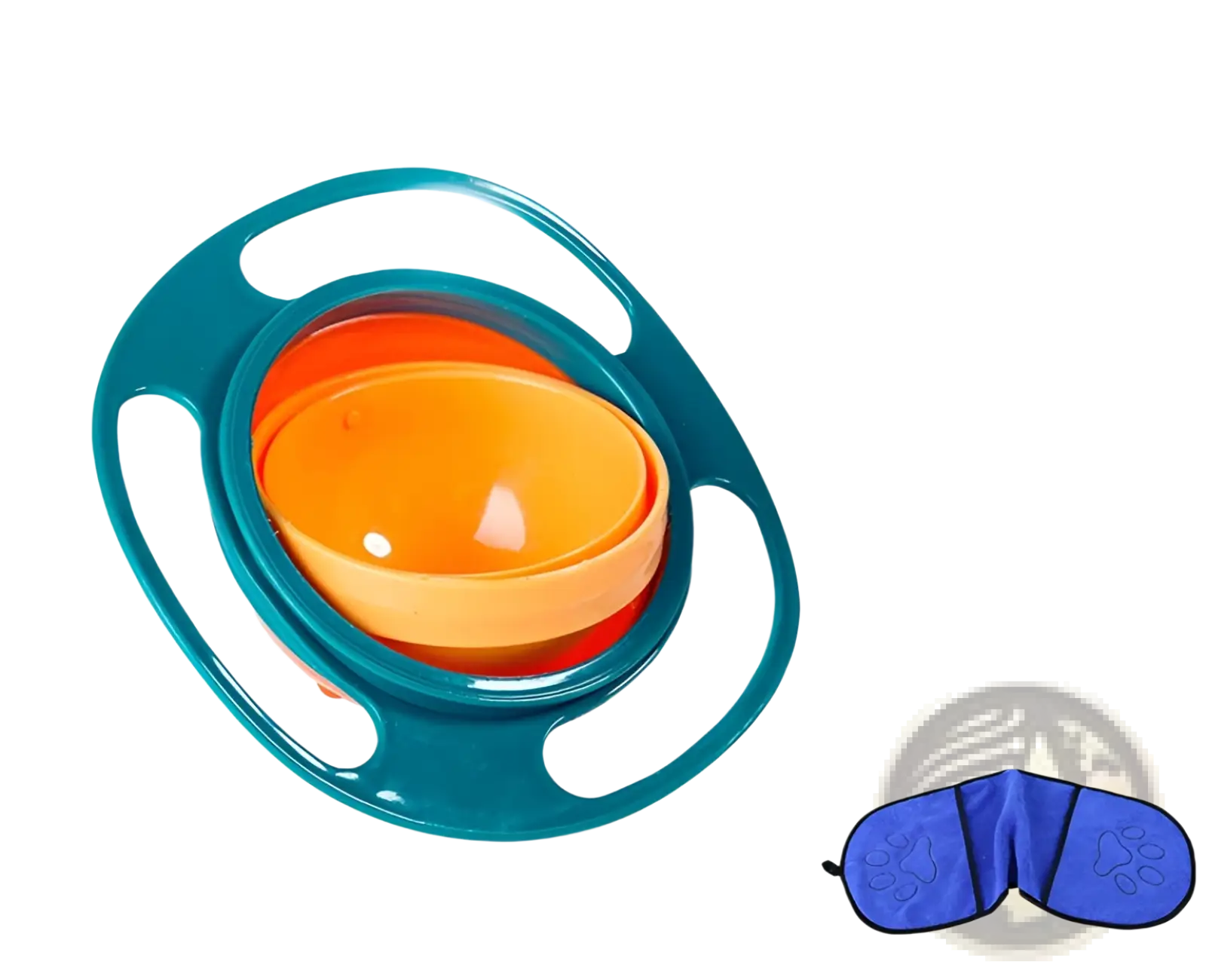 Teal ergonomic 360 rotating universal spill proof baby feeding bowl with bright orange inner bowl and red base