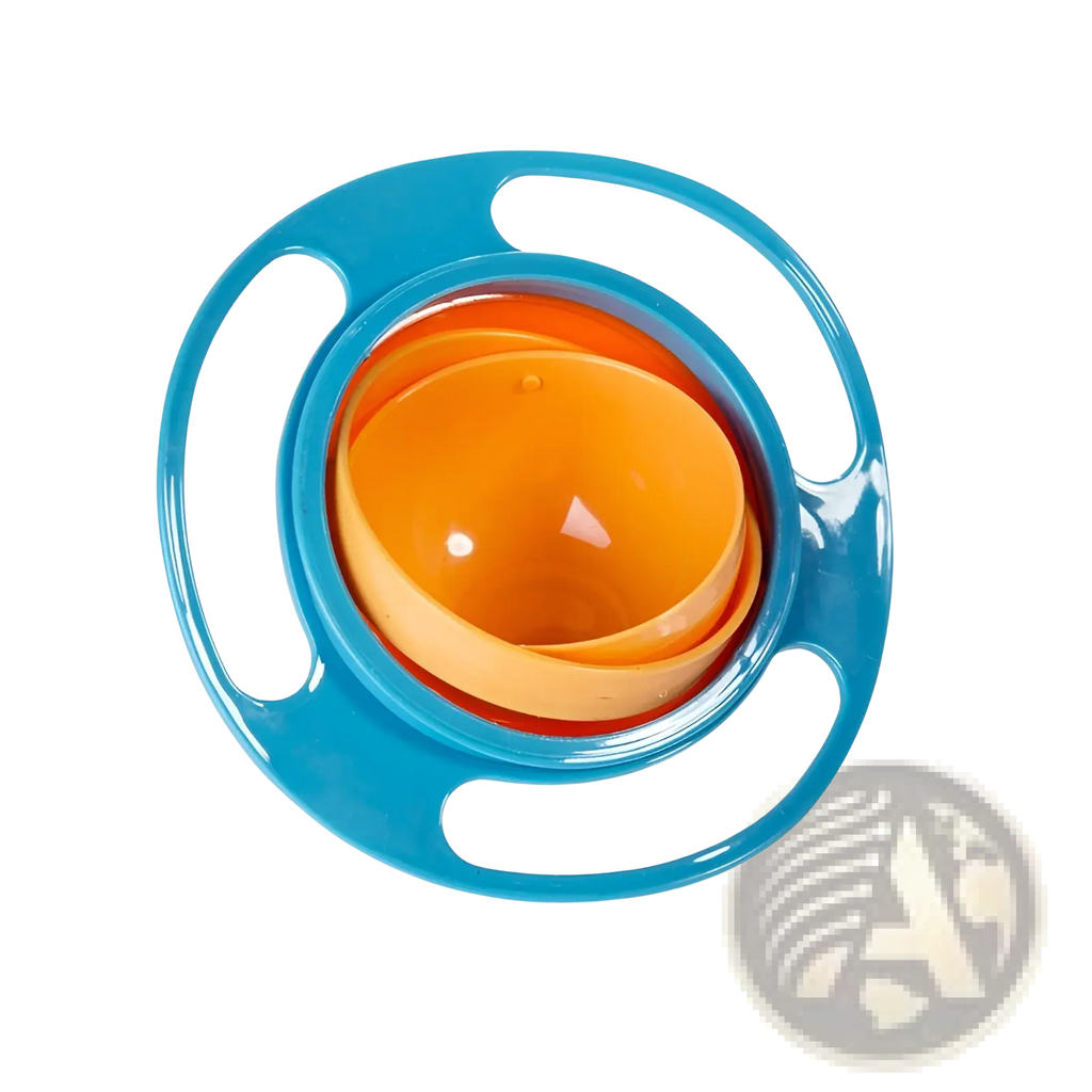 Blue and orange 360 rotating universal spill proof baby feeding bowl with sleek glossy plastic design floating bowl