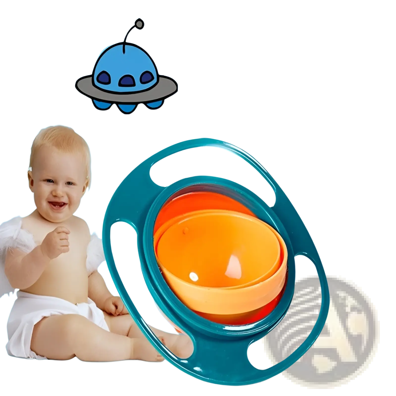 Teal and orange 360 rotating universal spill proof baby feeding bowl with ergonomic handles for easy grip