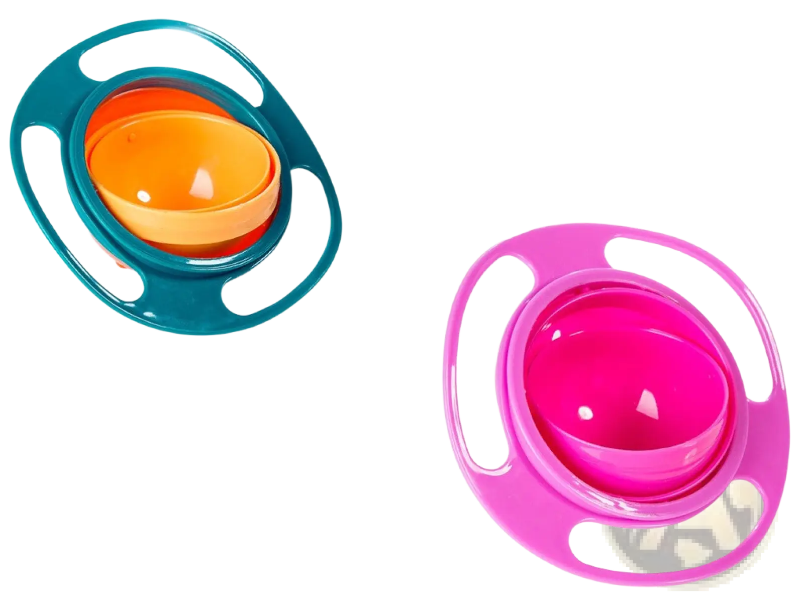 Two colorful 360 rotating universal spill proof baby feeding bowls teal with orange interior and bright pink for easy mealtime use