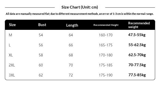 Size chart for men suede lapel spring jacket displaying measurements in centimeters and recommended weight ranges by size.