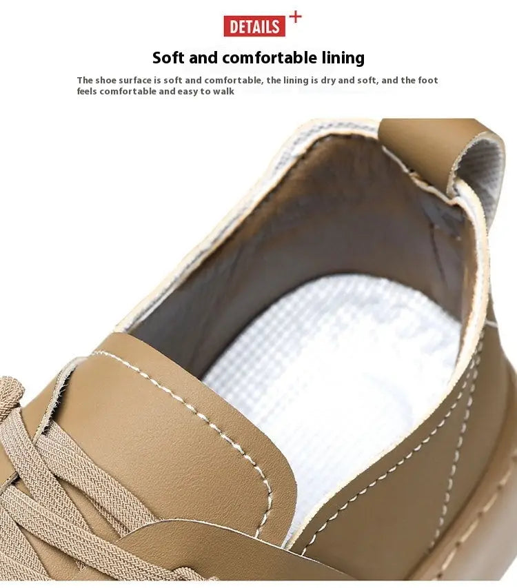Chaussure en cuir style rétro britannique, élégance décontractée pour homme, design de sneaker à lacets en cuir marron, avec lacets beiges et doublure en mesh blanche.