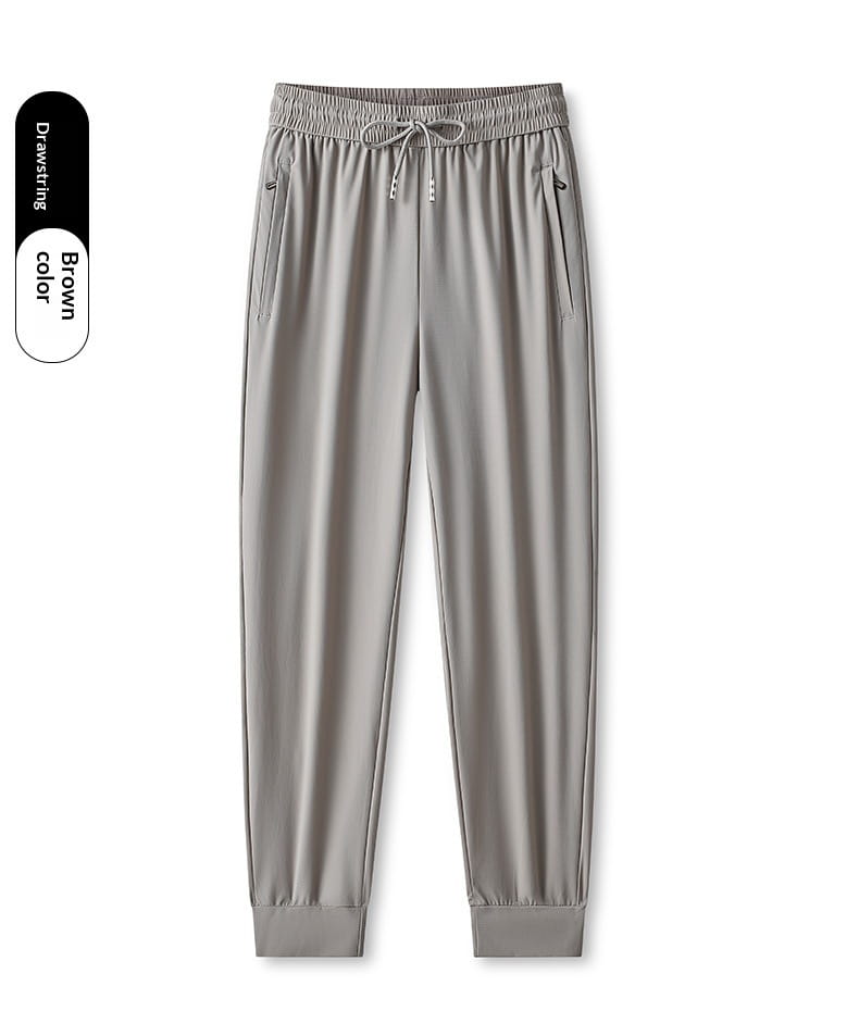 Brown ice silk antibacterial casual sweatpants with a sleek lightweight fabric and elastic waistband.