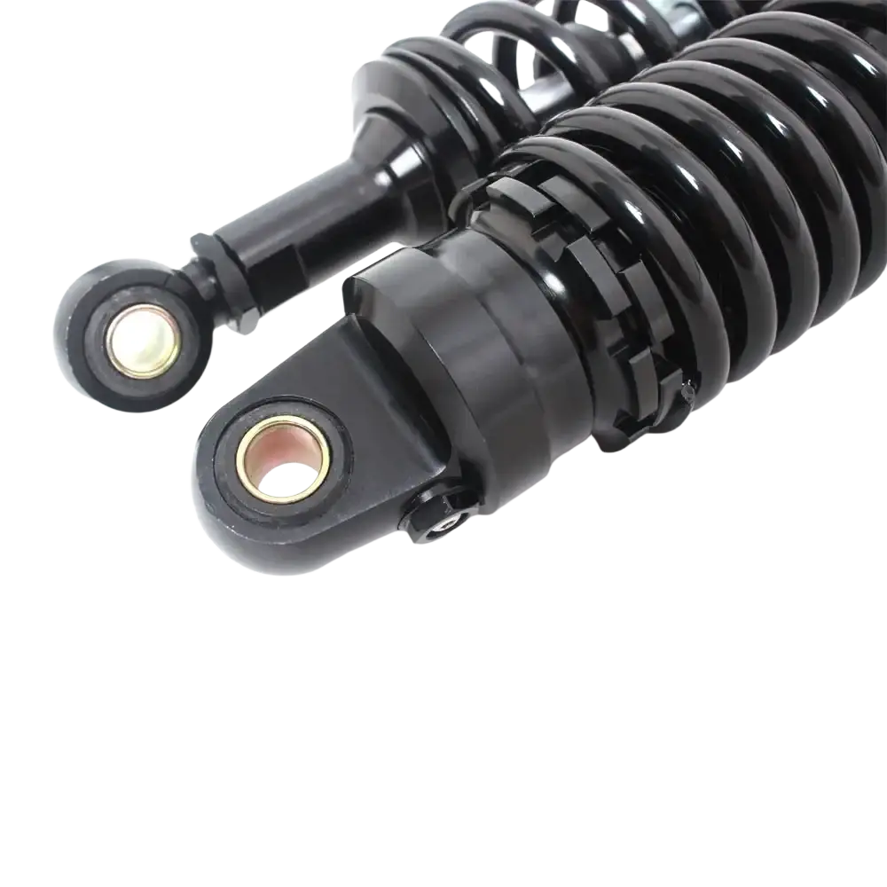 360mm motorcycle rear shock absorbers pair in black featuring coiled springs and metallic fittings shown from the back side