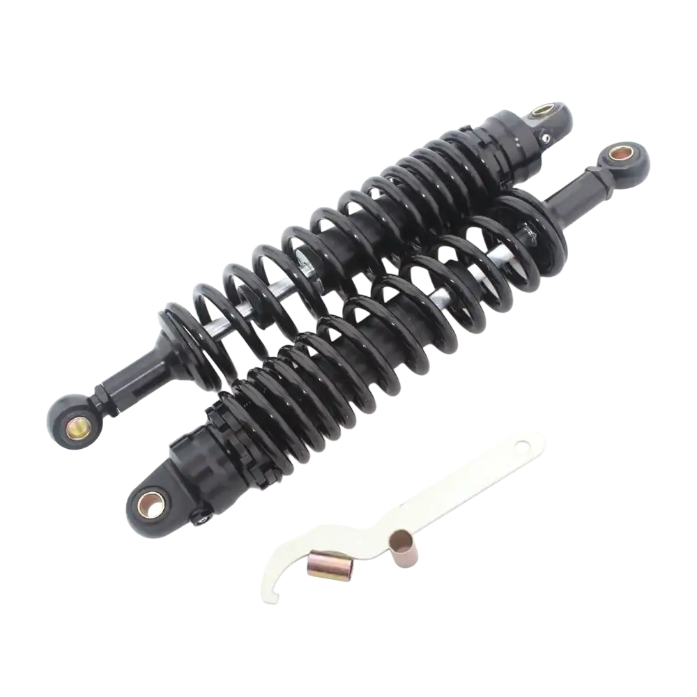 360mm motorcycle rear shock absorbers pair in black with coiled springs and metallic fittings shown from the back side