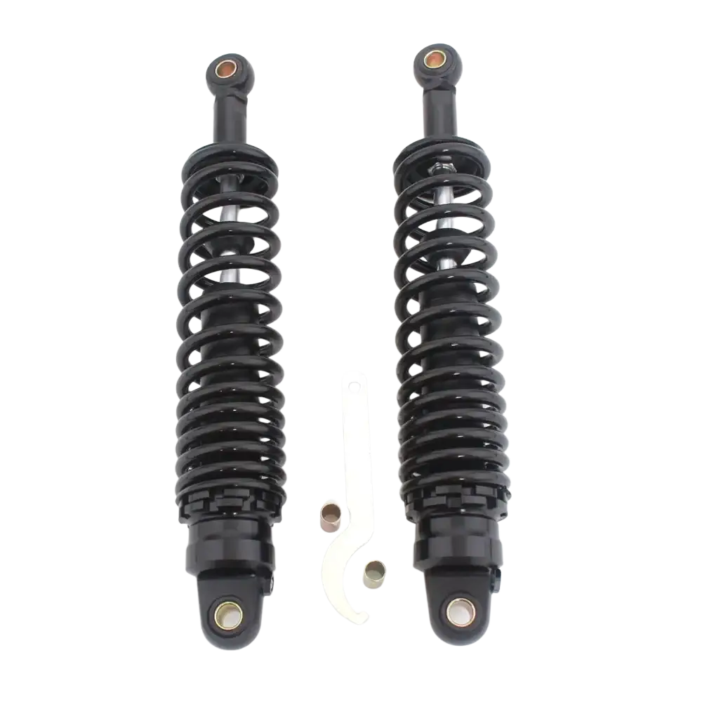 360mm motorcycle rear shock absorbers pair in black with coiled springs and metallic fittings shown from the back side