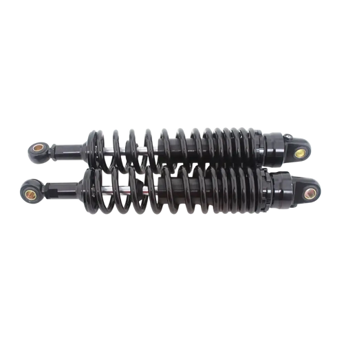 360mm motorcycle rear shock absorbers pair in black with chrome accents and sleek industrial coil-over design