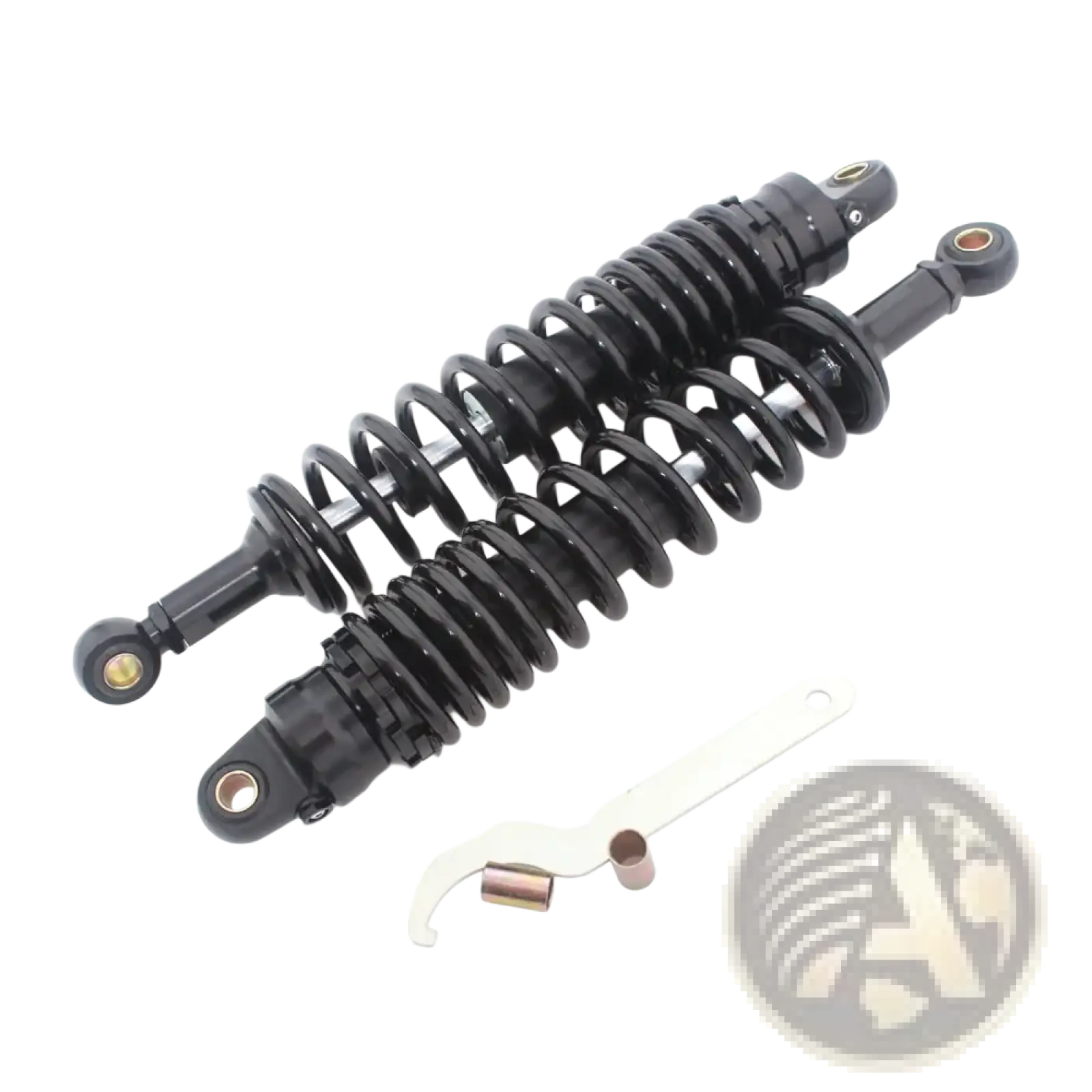 360mm motorcycle rear shock absorbers pair in black with coiled springs and metallic fittings shown from the back side