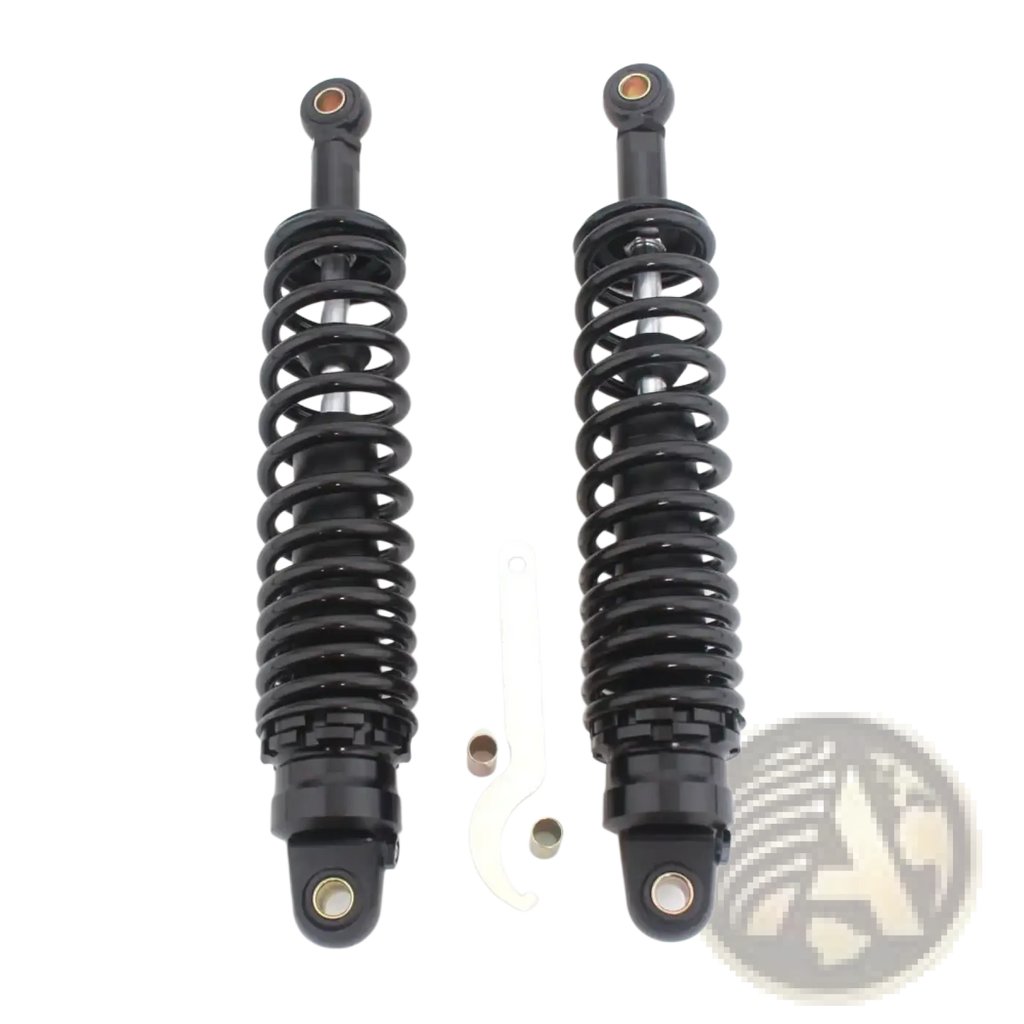 360mm motorcycle rear shock absorbers pair in black with coiled springs and metallic fittings shown from the back side