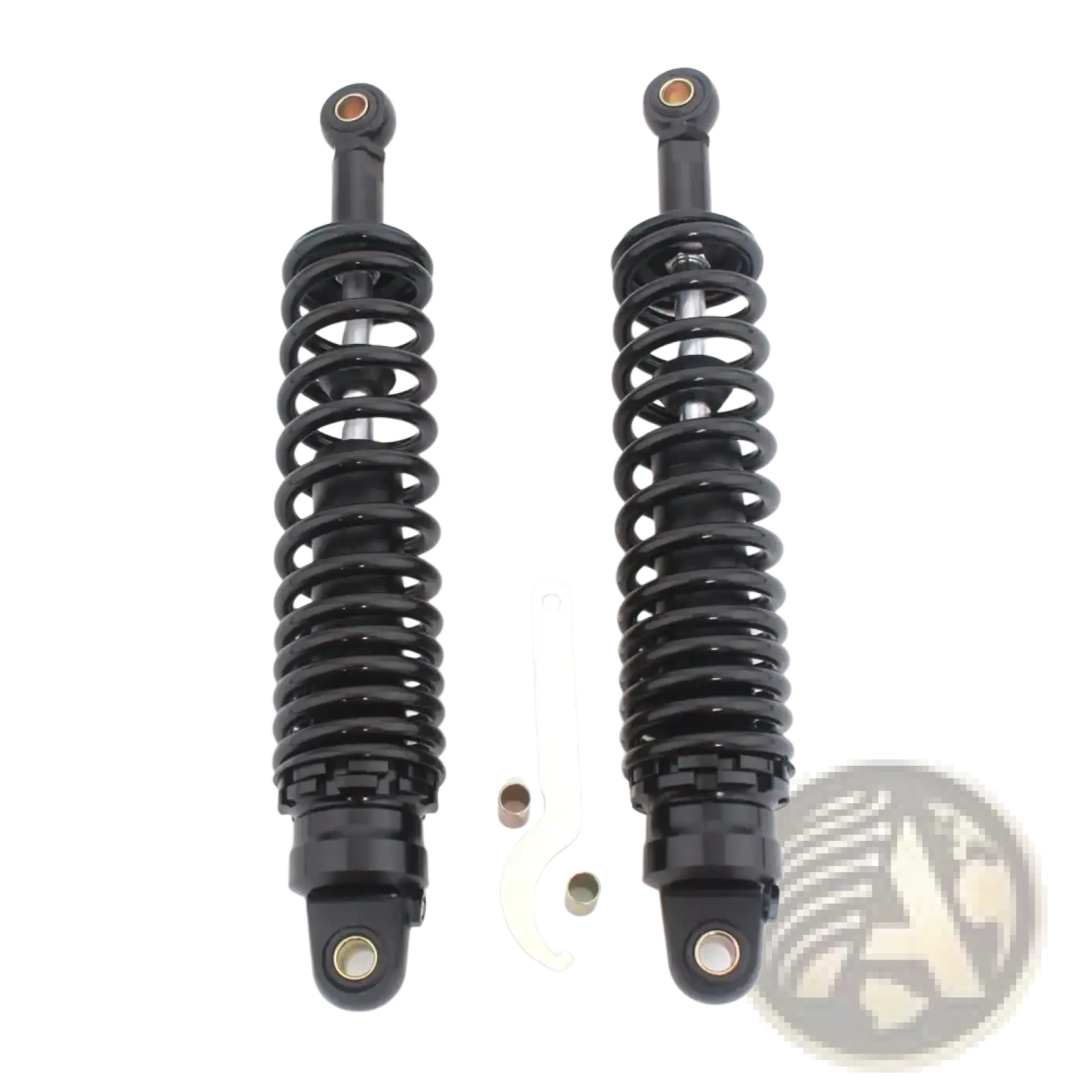 360mm motorcycle rear shock absorbers pair in black with coiled springs and metallic fittings shown from the back side