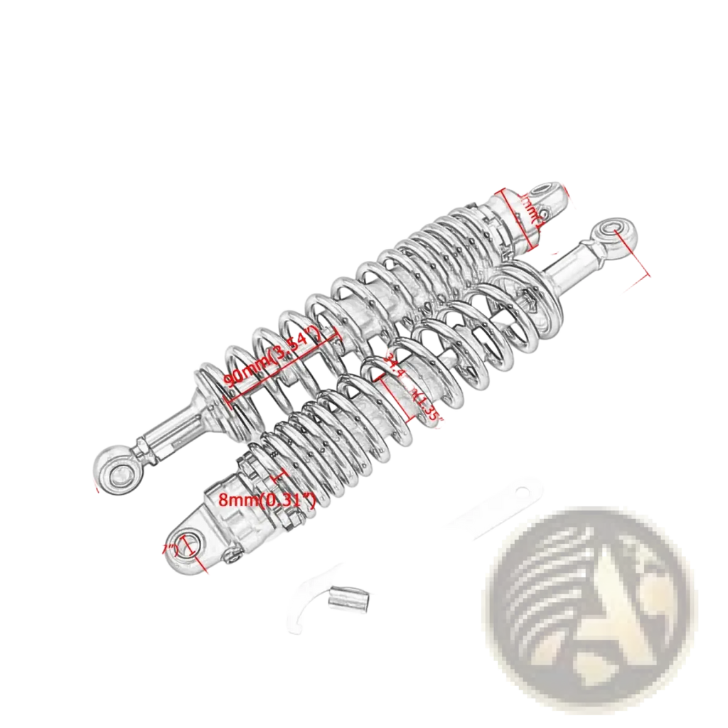 360mm universal black motorcycle rear shock absorbers pair with silver coiled springs and metallic finish back side view