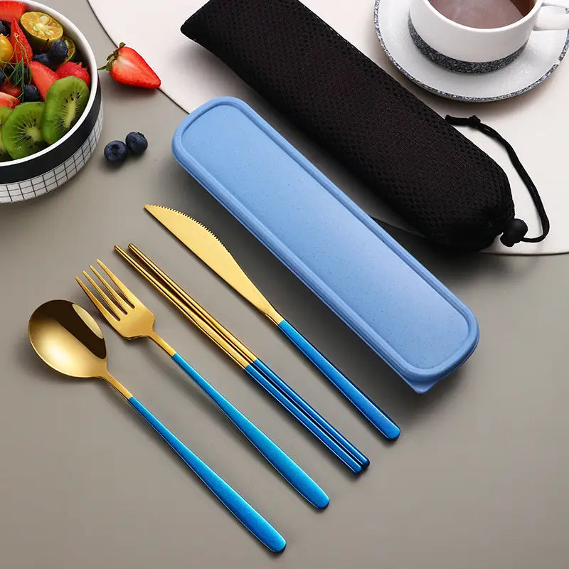 Blue and gold stainless steel portable cutlery set with a matching blue silicone case for convenient use and storage