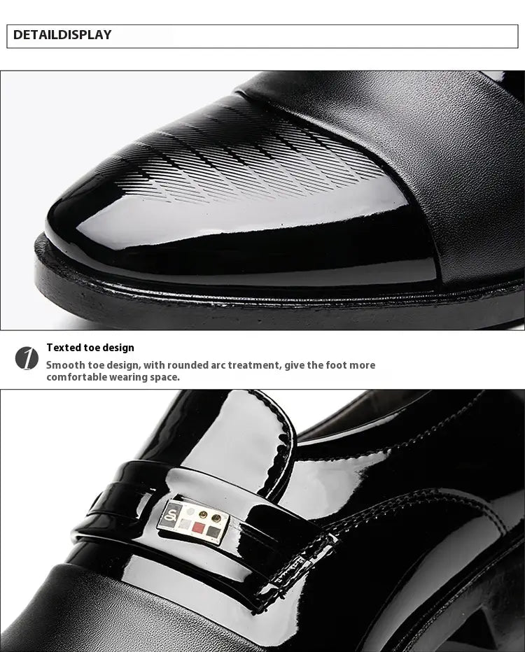 Men’s black patent leather lace-up dress shoes with glossy finish and gold-tone buckle for business and formal wear