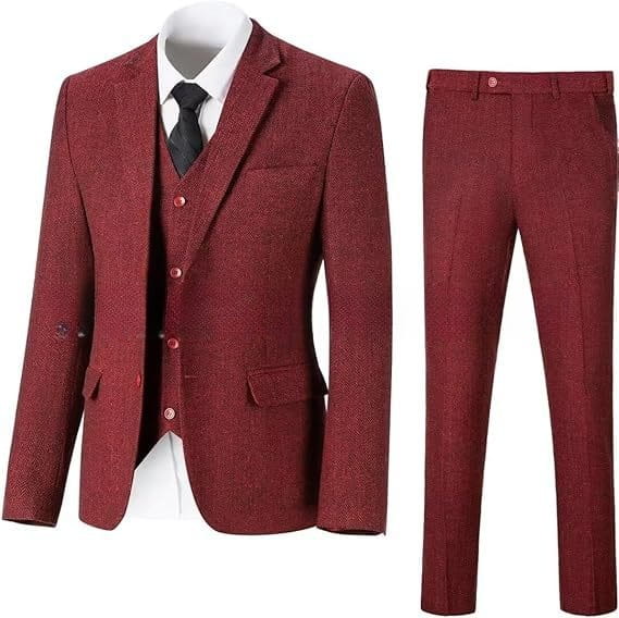 Maroon textured wool herringbone three-piece slim work suit with matching vest and trousers.