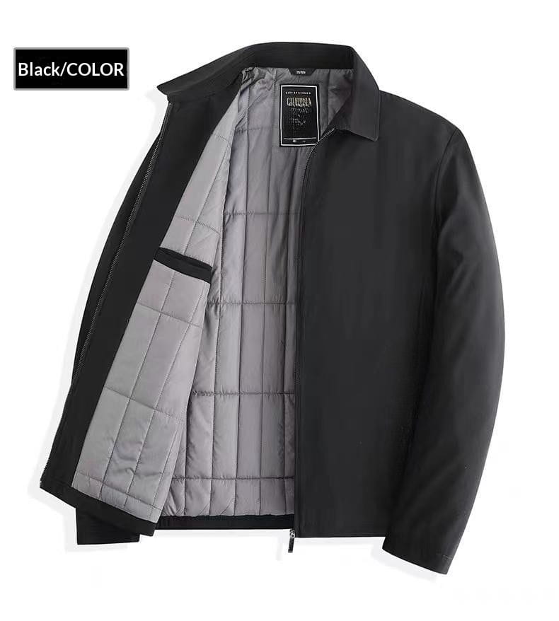 Men’s padded winter cotton coat in navy blue featuring a black quilted jacket design with gray interior lining and structured collar.