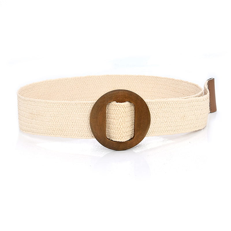 Beige woven elastic belt with a round wooden buckle and brown leather tab.