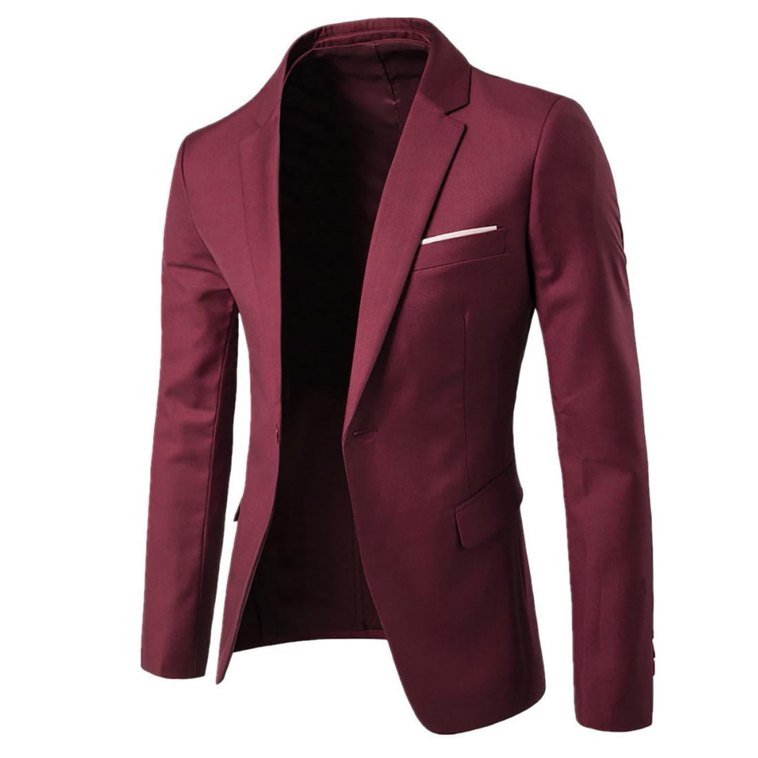 Ein Herren Slim-Fit-Casual-Blazer in Bordeauxrot mit dezentem Schimmer, mit einreihigem Design und einem Akzent aus einem weißen Einstecktuch.
