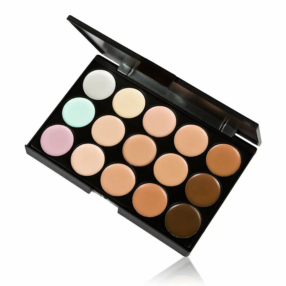 Schwarze kompakte 15-Farben-Abdeckpalette für professionelles Make-up, mit 16 runden Einsätzen in unterschiedlich abgestimmten Hauttonen für vielseitige Abdeckung.