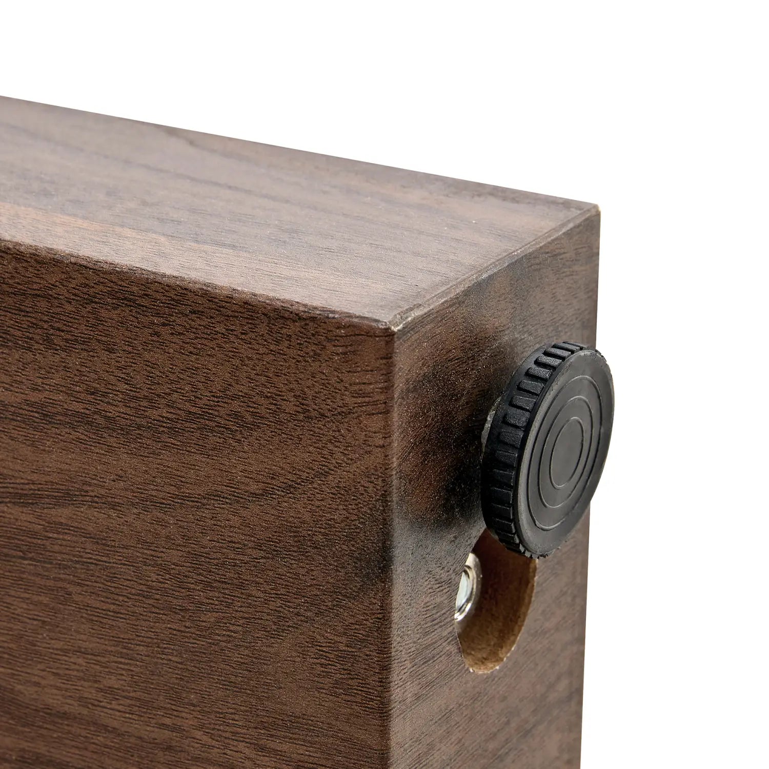 Dark brown walnut wood bar table with double drawers featuring a black textured knob on its corner.