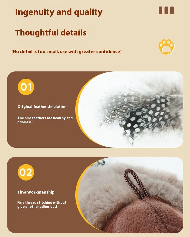 an interactive bird cat toy featuring a plush brown faux-fur sparrow with a braided cord loop and detailed feather simulation that produces automatic sounds.