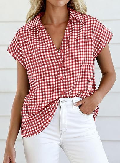 Red and white gingham short-sleeved button-up blouse with collar and front knot detail.